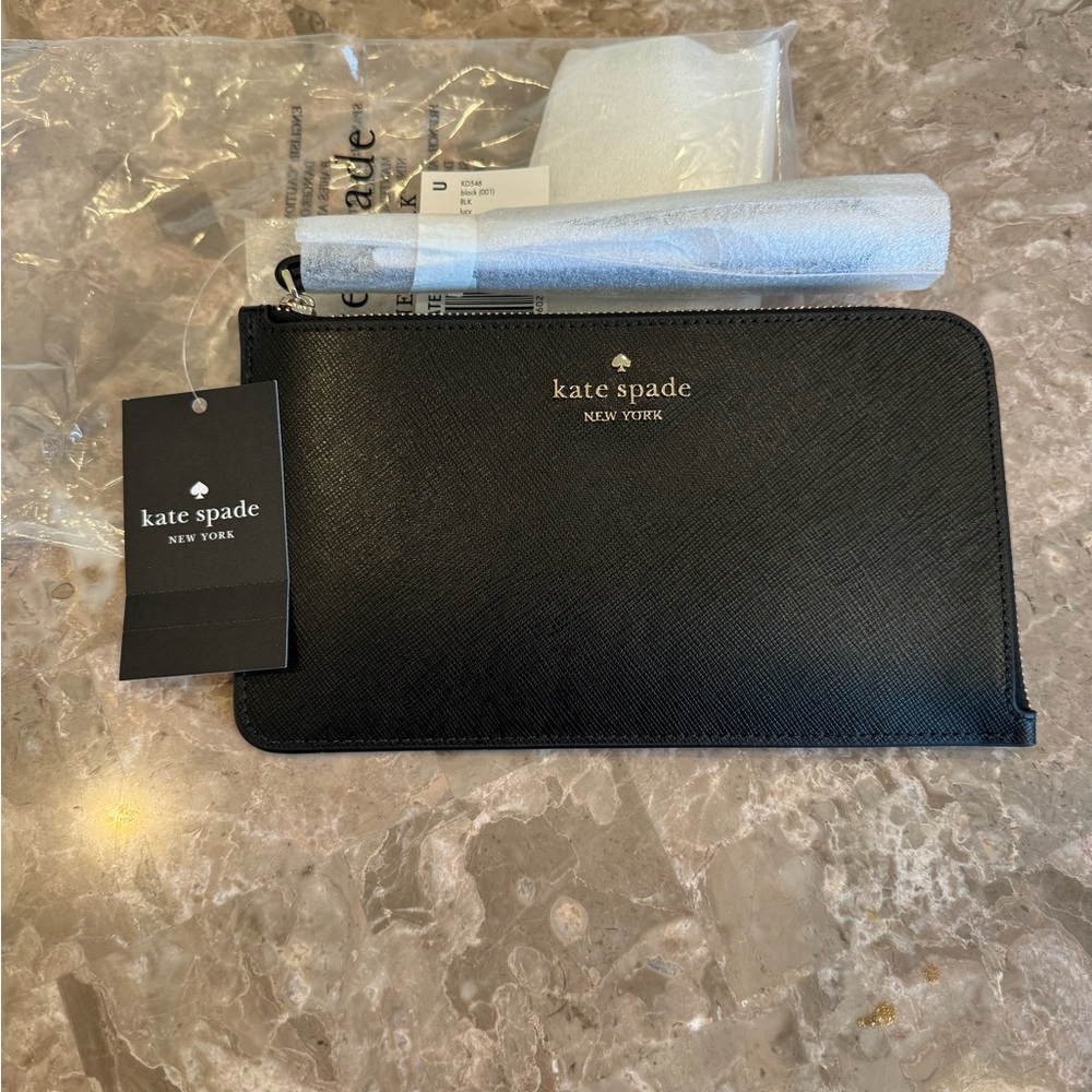 Kate Spade Saffiano Leather Black Medium L-Zip Lucy Wristlet (NWT)
